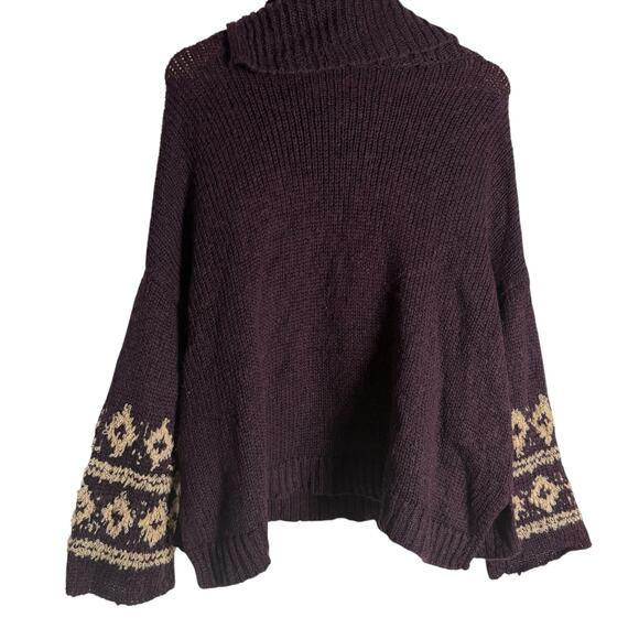 Free People Brown Fair Isle Split Turtleneck Wool Knit Winter Sweater M - Picture 6 of 8